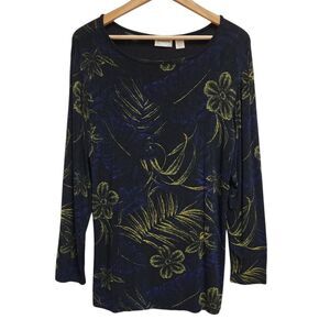 Chico's Travelers Tunic Top Women Sz L Black Floral Slinky Long Sleeve Pullover